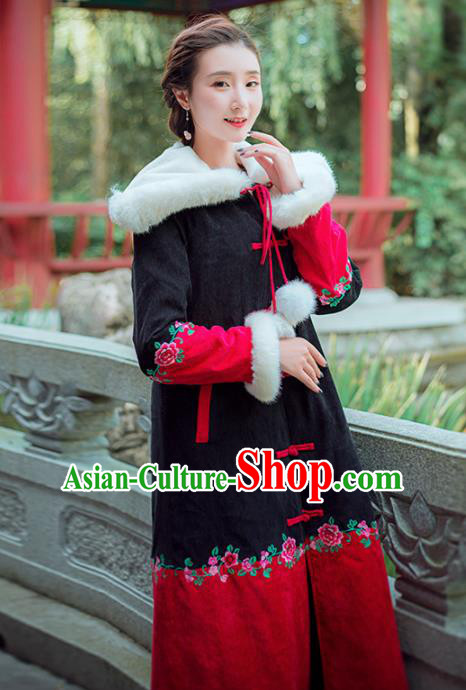 Chinese Traditional Winter Embroidered Hooded Cotton Padded Coat National Tang Suit Overcoat Costumes for Women