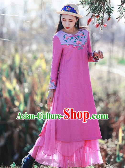 Chinese Traditional Embroidered Rosy Dress National Tang Suit Cheongsam Costumes for Women