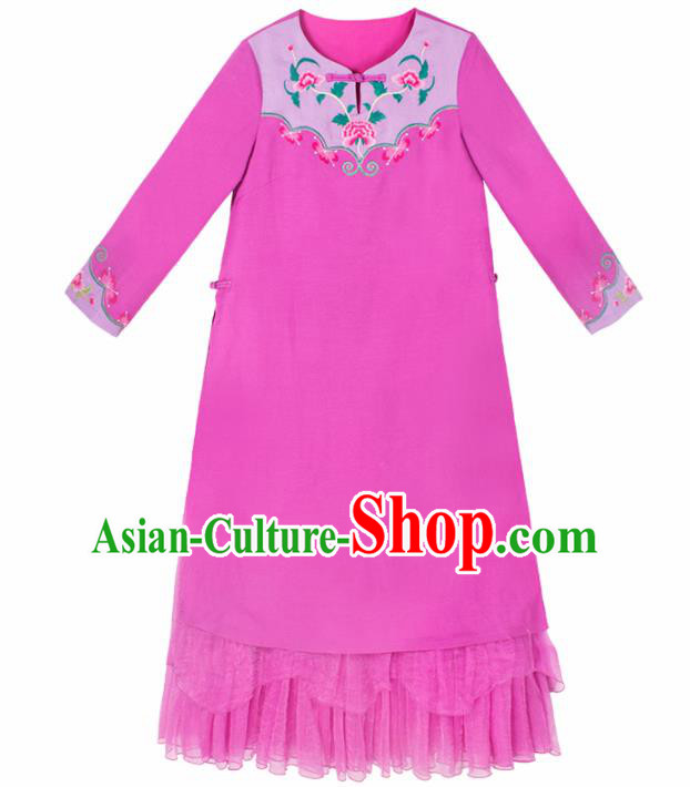 Chinese Traditional Embroidered Rosy Dress National Tang Suit Cheongsam Costumes for Women