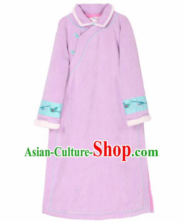 Chinese Traditional Embroidered Lilac Qipao Dress National Tang Suit Cheongsam Costumes for Women