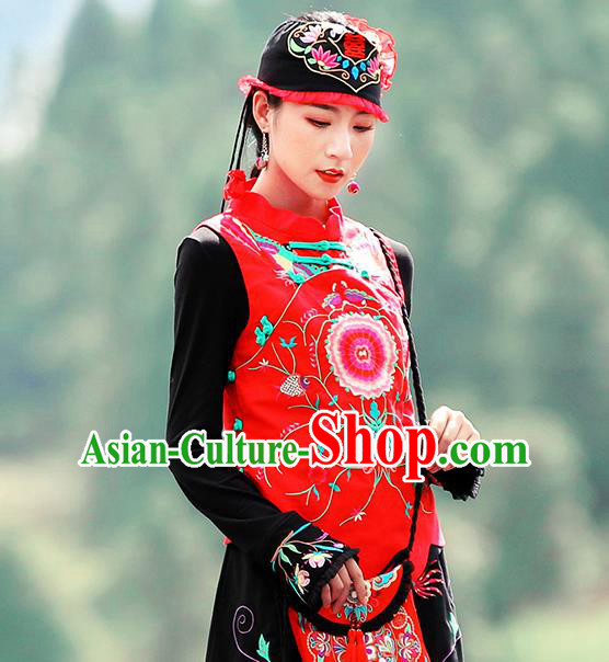 Chinese Traditional Embroidered Red Waistcoat National Upper Outer Garment Tang Suit Costume for Women