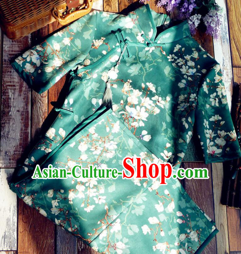 Chinese Traditional Printing Magnolia Green Qipao Dress National Tang Suit Cheongsam Costumes for Women