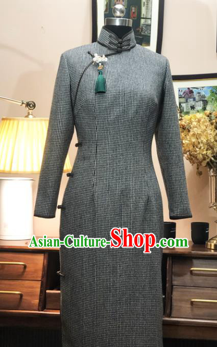 Chinese Traditional Grey Woolen Qipao Dress National Tang Suit Cheongsam Costumes for Women