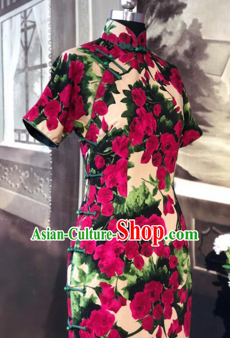 Chinese Traditional Printing Roses Qipao Dress National Tang Suit Cheongsam Costumes for Women