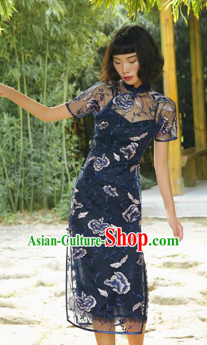 Chinese Traditional Embroidered Peony Navy Qipao Dress National Tang Suit Cheongsam Costumes for Women