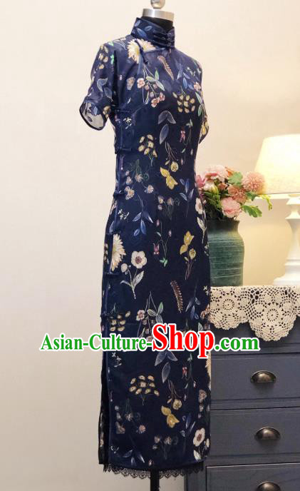 Chinese Traditional Navy Chiffon Qipao Dress National Tang Suit Cheongsam Costumes for Women