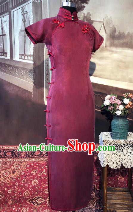 Chinese Traditional Wine Red Qipao Dress National Tang Suit Cheongsam Costumes for Women