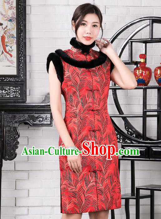 Chinese Traditional Winter Red Vest Qipao Dress National Tang Suit Cheongsam Costumes for Women