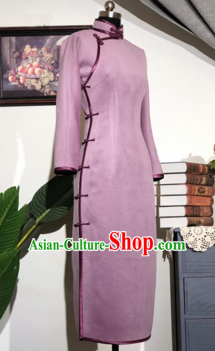 Chinese Traditional Violet Woolen Qipao Dress National Tang Suit Cheongsam Costumes for Women