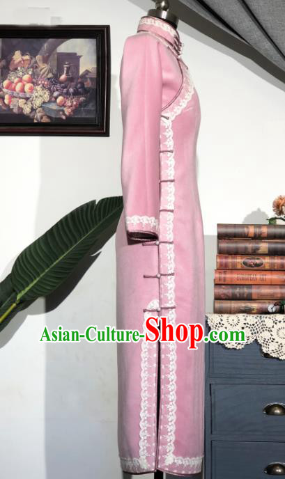 Chinese Traditional Pink Woolen Qipao Dress National Tang Suit Cheongsam Costumes for Women