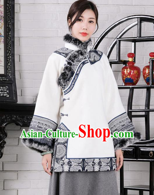 Chinese Traditional Winter White Woolen Coat National Tang Suit Overcoat Costumes for Women