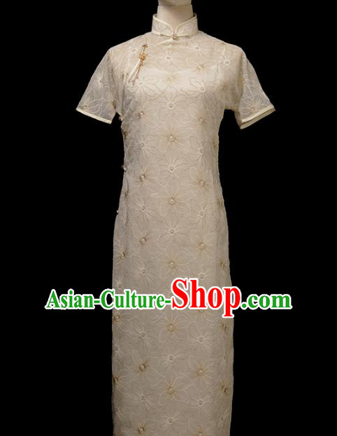 Chinese Traditional White Plated Buttons Qipao Dress National Tang Suit Cheongsam Costumes for Women
