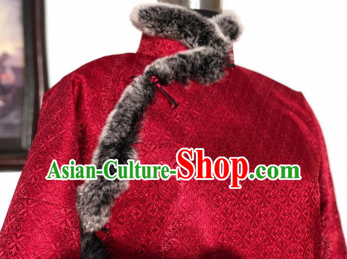 Chinese Traditional Winter Red Coat National Tang Suit Overcoat Costumes for Women