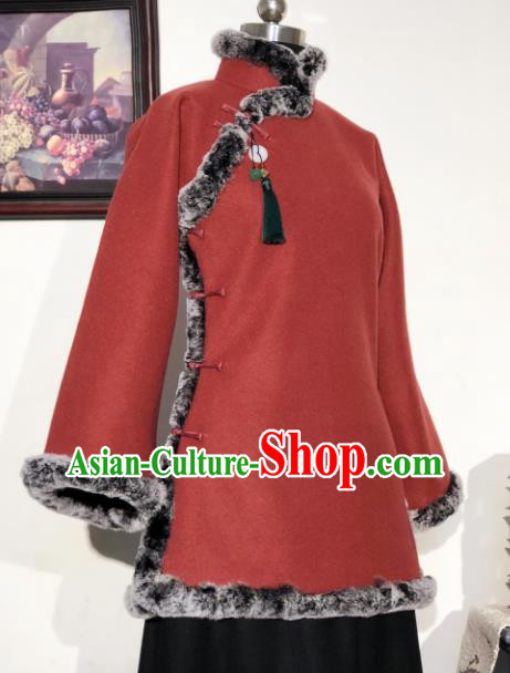 Chinese Traditional Winter Purplish Red Coat National Tang Suit Overcoat Costumes for Women