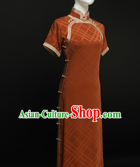 Chinese Traditional Orange Silk Long Qipao Dress National Tang Suit Cheongsam Costumes for Women