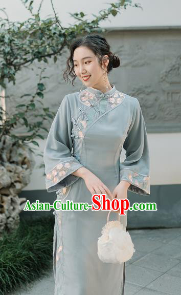 Chinese Traditional Retro Light Blue Qipao Dress National Tang Suit Cheongsam Costumes for Women