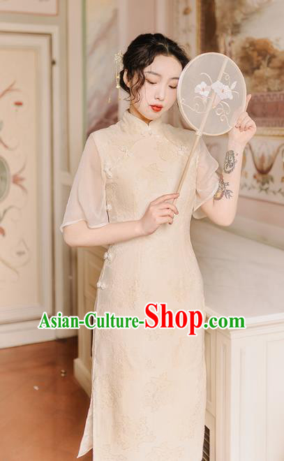 Chinese Traditional Retro Qipao Dress National Tang Suit Beige Cheongsam Costumes for Women
