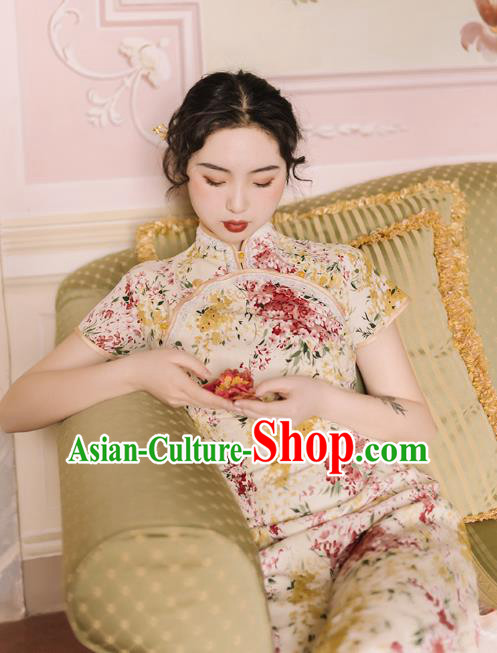 Chinese Traditional Retro Printing Qipao Dress National Tang Suit Cheongsam Costumes for Women