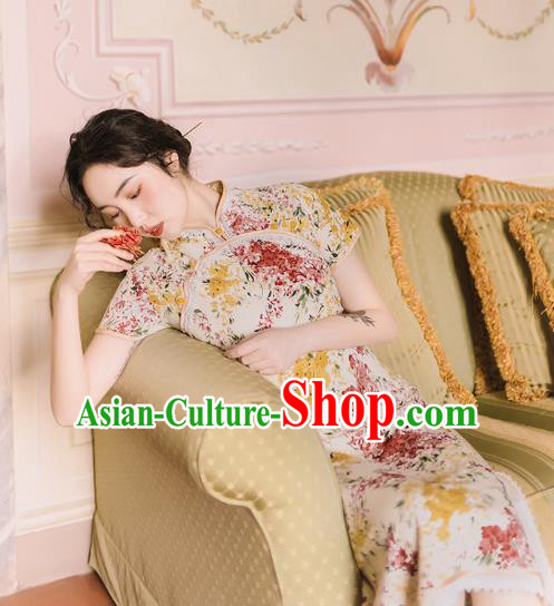 Chinese Traditional Retro Printing Qipao Dress National Tang Suit Cheongsam Costumes for Women