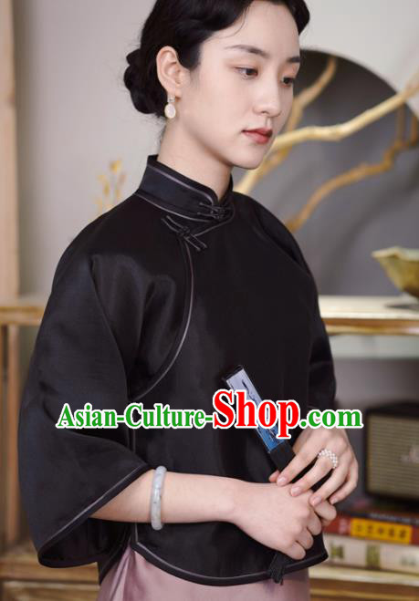Chinese Traditional Tang Suit Black Organza Blouse National Shirt Upper Outer Garment Costumes for Women