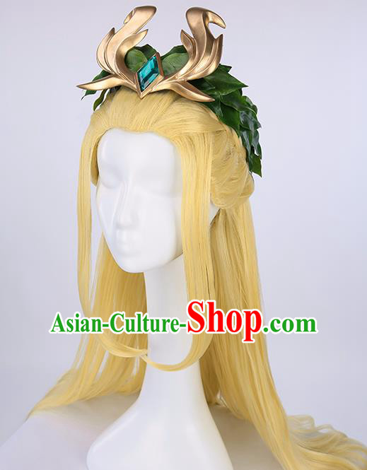 Chinese Traditional Cosplay Fairy Yellow Wigs Ancient Swordsman Wig Sheath for Women