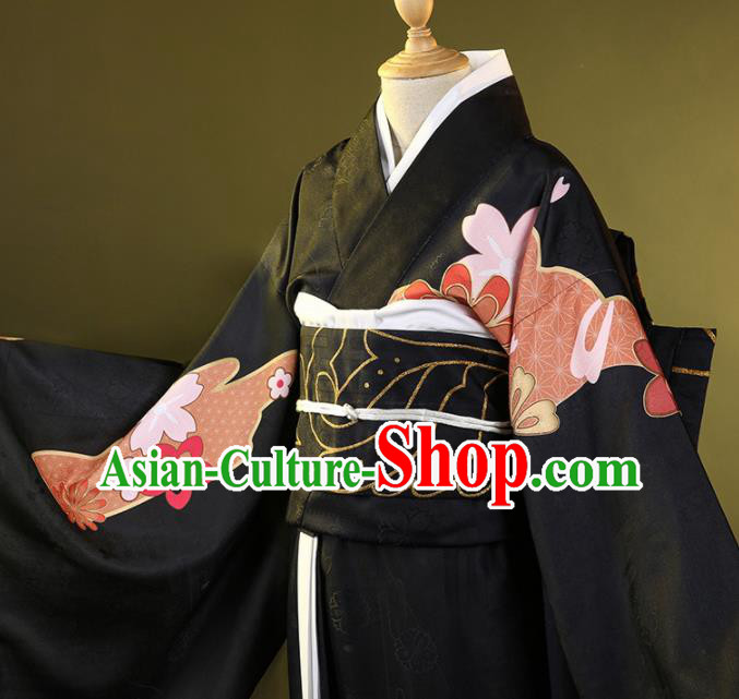 Japanese Traditional Cosplay Geisha Printing Black Kimono Dress Japan Costumes for Women