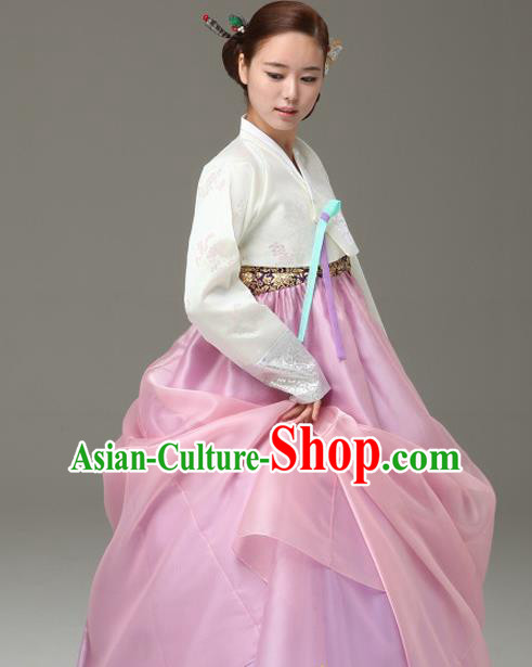 Korean Traditional Dance Hanbok White Blouse and Pink Dress Garment Asian Korea Fashion Costume for Women