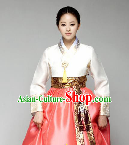 Korean Traditional Court Hanbok White Blouse and Orange Dress Garment Asian Korea Fashion Costume for Women