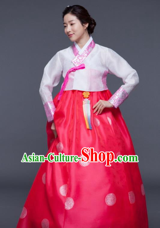 Korean Traditional Court Hanbok White Blouse and Rosy Dress Garment Asian Korea Fashion Costume for Women
