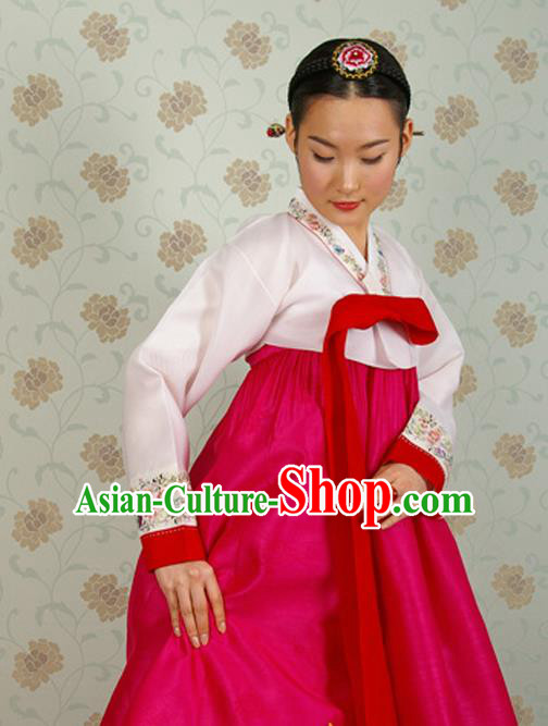 Korean Traditional Hanbok White Blouse and Rosy Dress Garment Asian Korea Fashion Costume for Women