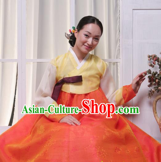Korean Traditional Hanbok Yellow Blouse and Orange Dress Garment Asian Korea Fashion Costume for Women