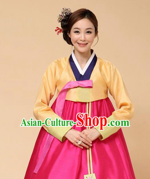 Korean Traditional Court Hanbok Yellow Blouse and Rosy Dress Garment Asian Korea Fashion Costume for Women