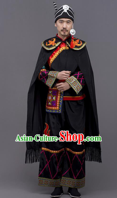 Chinese Traditional Yi Nationality Wedding Black Garment Ethnic Folk Dance Costume for Men