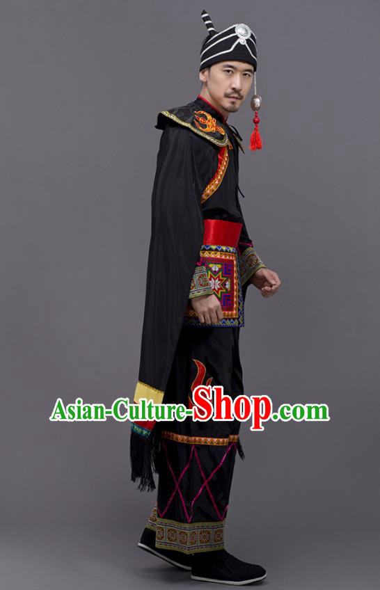 Chinese Traditional Yi Nationality Wedding Black Garment Ethnic Folk Dance Costume for Men