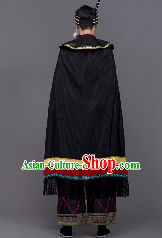 Chinese Traditional Yi Nationality Wedding Black Garment Ethnic Folk Dance Costume for Men