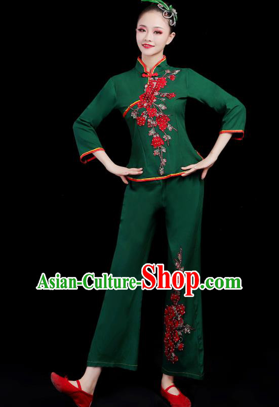 Chinese Traditional Yangko Dance Fan Dance Green Outfits Folk Dance Stage Performance Costume for Women