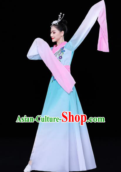 Chinese Traditional Umbrella Dance Water Sleeve Blue Dress Classical Dance Stage Performance Costume for Women