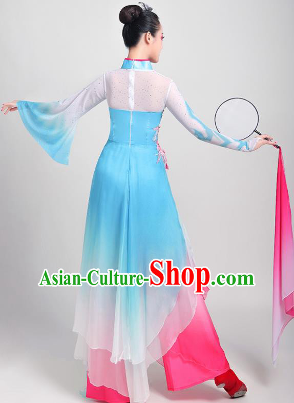 Chinese Traditional Umbrella Dance Fan Dance Blue Dress Classical Dance Stage Performance Costume for Women