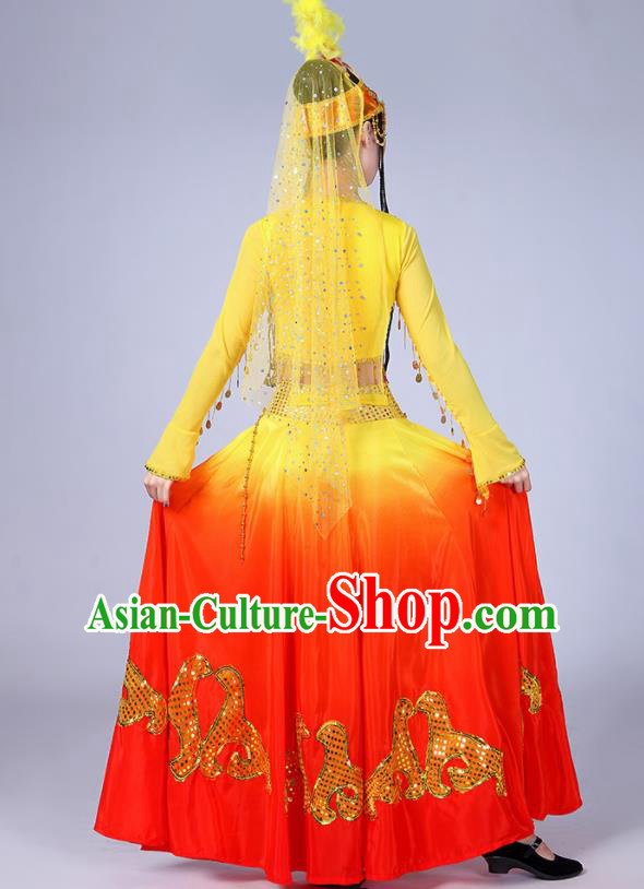 Chinese Traditional Uyghur Nationality Folk Dance Yellow Dress Uigurian Ethnic Costume for Women