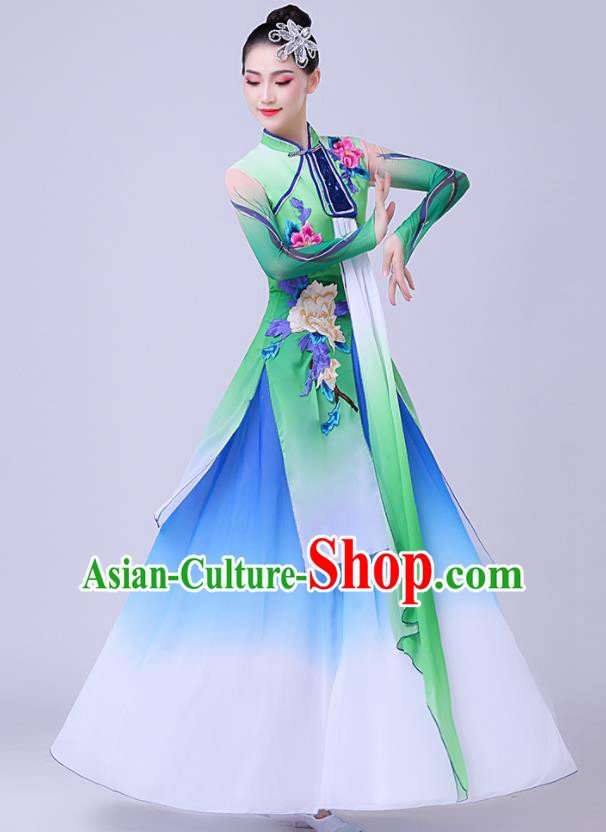 Chinese Traditional Umbrella Dance Fan Dance Green Dress Classical Dance Stage Performance Costume for Women