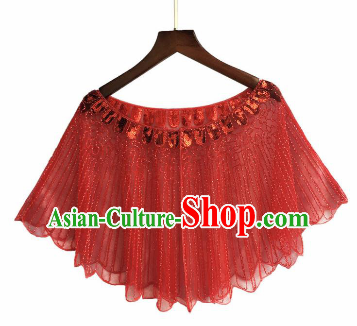 Top Professional Latin Dance Sequins Red Blouse Modern Dance Cloak Stage Performance Costume for Women