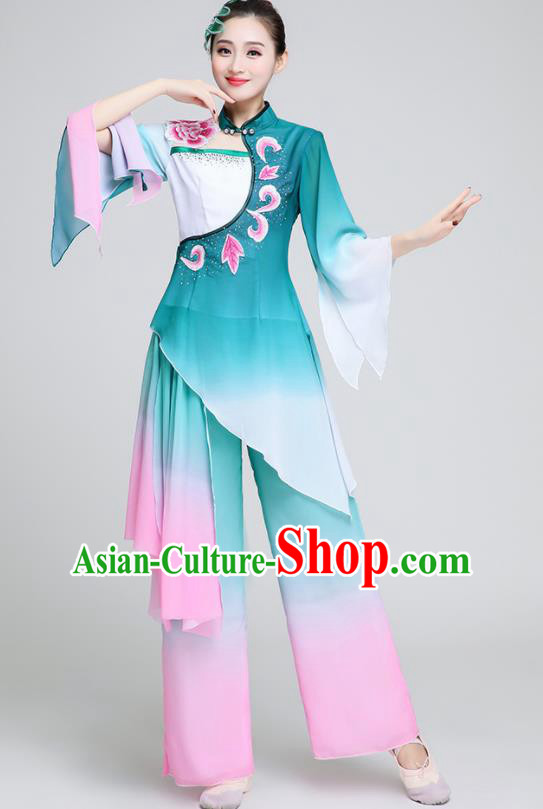 Chinese Traditional Classical Dance Fan Dance Green Outfits Umbrella Dance Stage Performance Costume for Women