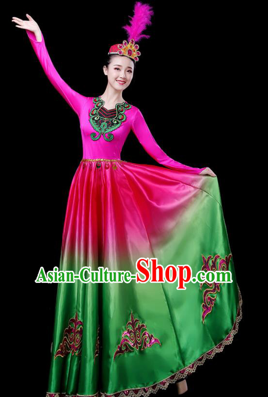 Chinese Traditional Xinjiang Uyghur Nationality Green Dress Ethnic Folk Dance Costume for Women
