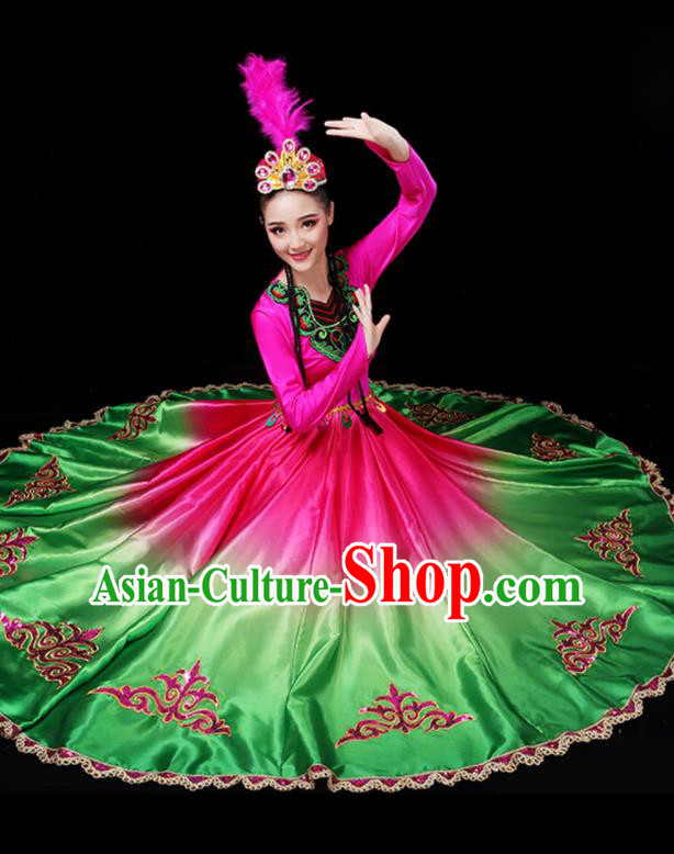 Chinese Traditional Xinjiang Uyghur Nationality Green Dress Ethnic Folk Dance Costume for Women