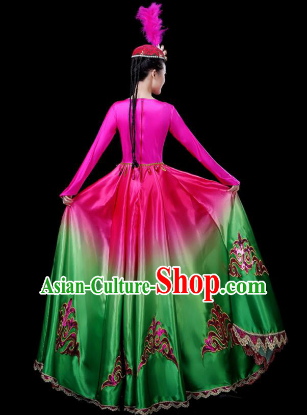 Chinese Traditional Xinjiang Uyghur Nationality Green Dress Ethnic Folk Dance Costume for Women