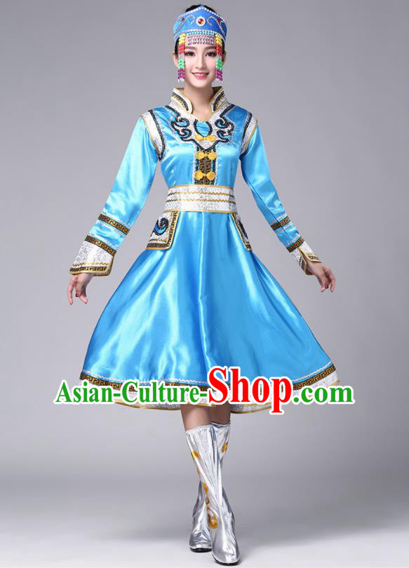 Chinese Traditional Mongol Nationality Stage Show Blue Short Dress Mongolian Ethnic Folk Dance Costume for Women