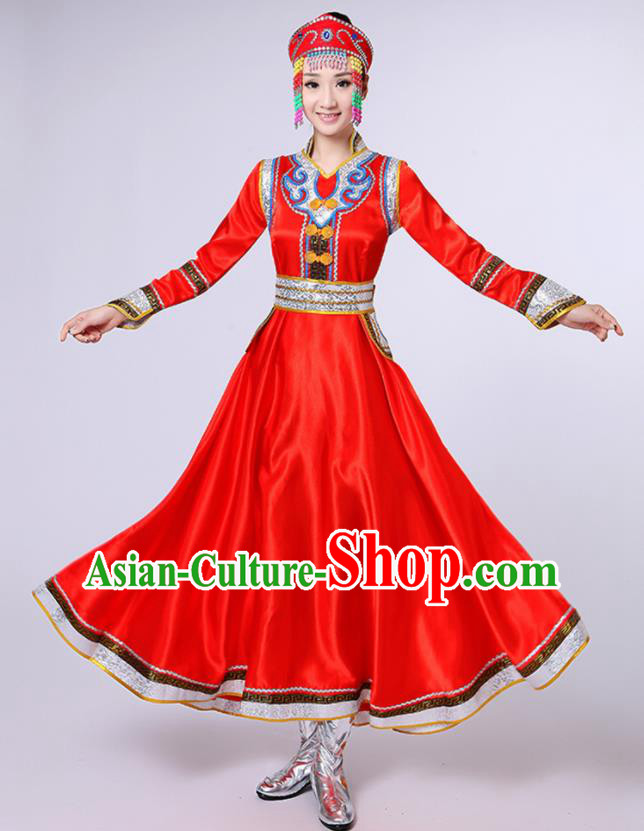 Chinese Traditional Mongol Nationality Red Dress Mongolian Ethnic Folk Dance Costume for Women