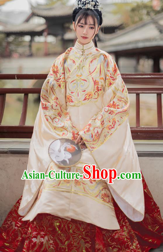 Chinese Traditional Hanfu Apricot Brocade Blouse and Red Skirt Ancient Ming Dynasty Princess Costumes for Women