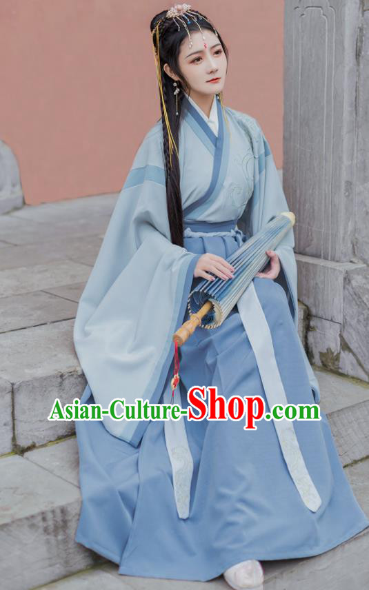 Chinese Traditional Jin Dynasty Blue Hanfu Dress Ancient Female Swordsman Costumes for Women