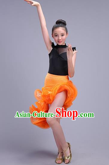 Top Professional Latin Dance Orange Dress Modern Dance Stage Performance Costume for Kids
